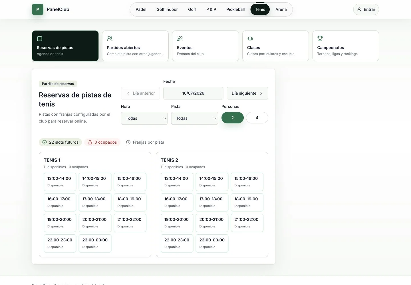 Calendario real de reservas de tenis en PanelClub